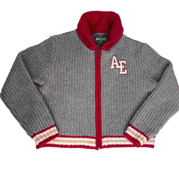 American Eagle Varsity Cropped Grey Ribbed Knit Shawl Collar Zip Sweater MED NWT - Picture 2 of 10